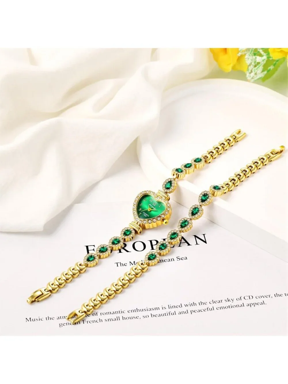 Women's Green Heart Dial Bracelet Set Birthstone Crystal Quartz Display Watches